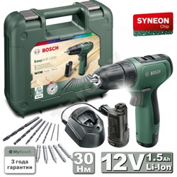 Шуруповерт аккумуляторный  BOSCH EasyDrill 1200 (2*1.5 Ah + 5 бит + 6 сверл) момент 30Нм, 0-400/1500 об/ - фото 189431