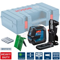 BOSCH GLL 2-15 G + LB 10+DK 10 Нивелир с ЗЕЛЁНЫМ лучем + держатель+потолочное крепление+чемодан (ударопоглащающий резиновый корпус, диапозон 15м,  ±0,3 мм/м) - копия - фото 197656