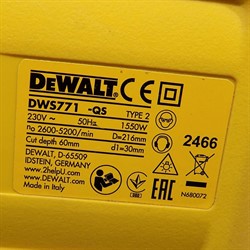 DeWalt DWS771 Пила торцовочная (1600 Вт, 216х30 мм, 2600-5200 об/мин, пропил: гл.60/шир. 270мм) - фото 226993