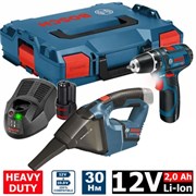 Шуруповерт Bosch GSR 12V-15 + пылесос Bosch GAS 12V в L-Boxx (12.0 В, 2 аккумулятора, 2.0 А/ч Li-Ion, 2 скор., 30 Нм, шурупы до 7 мм) 